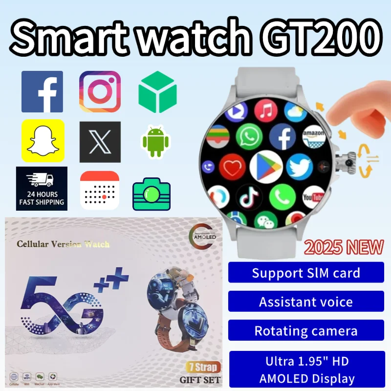 Smartwatch Watches Price - 新モデルのGT200 5Gスマートウォッチ。SIMカードスロット、256GBのストレージ、190度回転可能なカメラ、GPS、Wi-Fi機能を搭載。男性向け。アプリをダウンロード可能。
