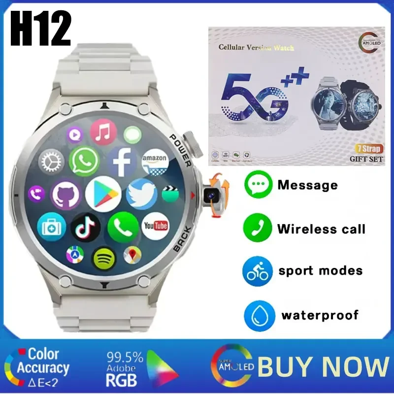 Smartwatch Watches Price - H12 4G LTE Androidスマートウォッチ。1.6インチHD AMOLEDディスプレイ、8GB+128GBストレージ、Bluetooth通話、GPS、NFC機能を搭載。100種類以上のスポーツモードを搭載し、男性にも女性にも最適。