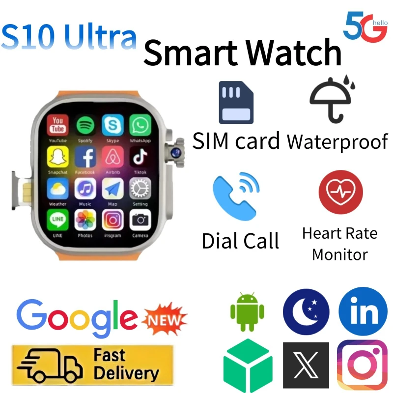 Smartwatch Watches Price - ネットワーク対応スマートウォッチ S10Ultra、SIMカード対応、回転式カメラ、Android 9.0、Bluetooth、GPS位置情報、Playストア、グローバル版スマートウォッチ。